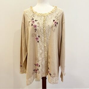 Storybook Knits Cardigan 3X Beige Pink Floral Lace Embroidered Feminine Granny